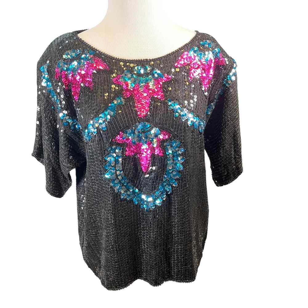 Vintage JLB 100% Silk Sequin Beaded Top Black‎ Pink Blue Party Blouse Medium